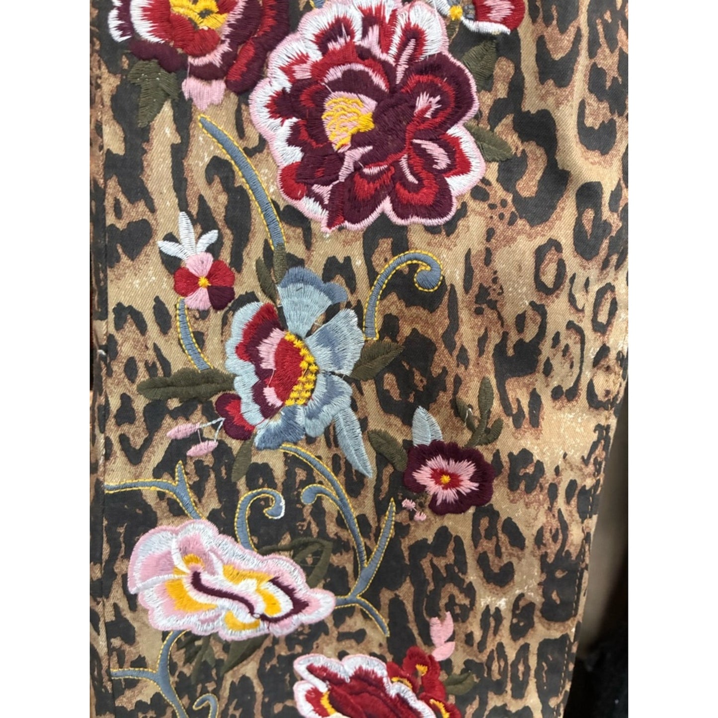 Women’s Leopard Print Boot Cut Jeans with Floral Embroidery - Khaki