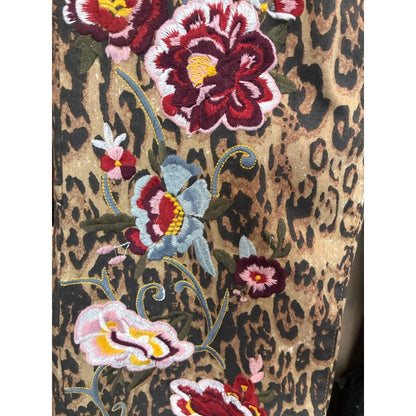 Women’s Leopard Print Boot Cut Jeans with Floral Embroidery - Khaki
