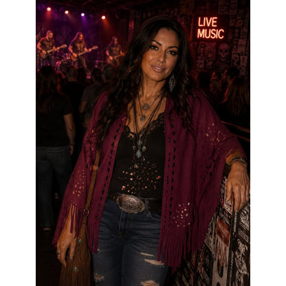 American Threads Deep Berry Suede-Look Fringe Poncho