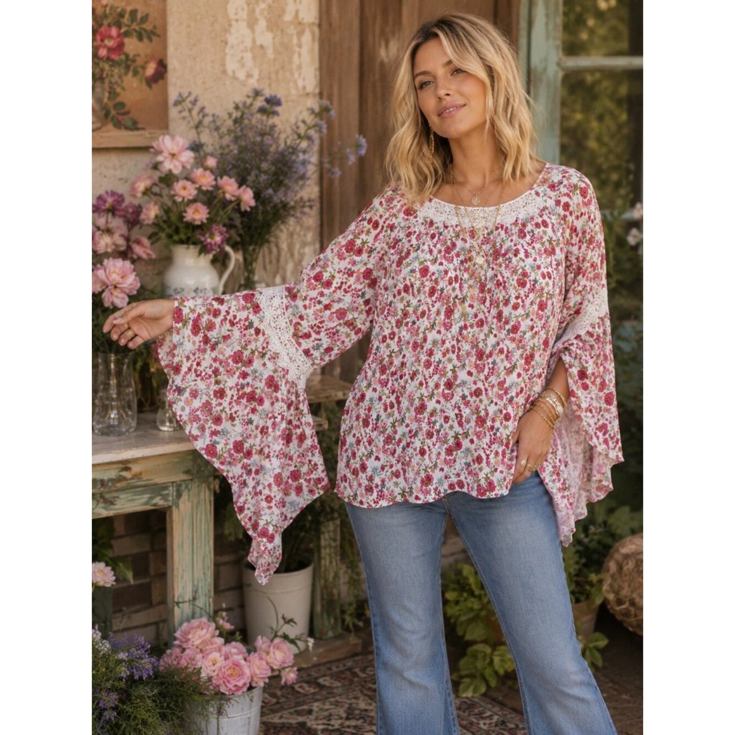 easel White and Red Floral Off-Shoulder Peasant Top