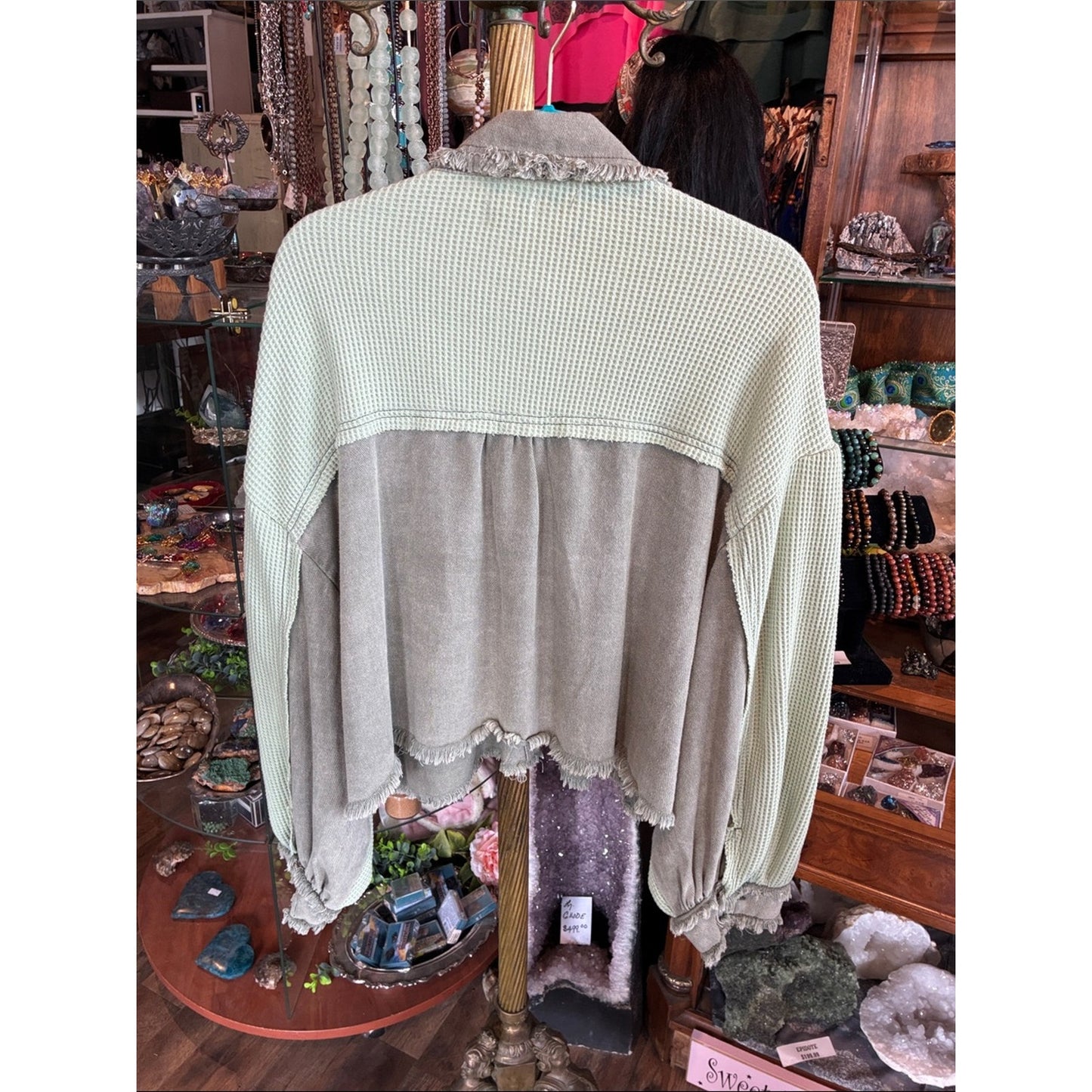 Olive Green Mixed-Texture Cropped Jacket