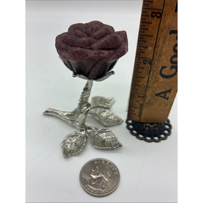 Carved Rose Sculpture on Silver-Tone Leaf Stem - Deep Mahogany Rock