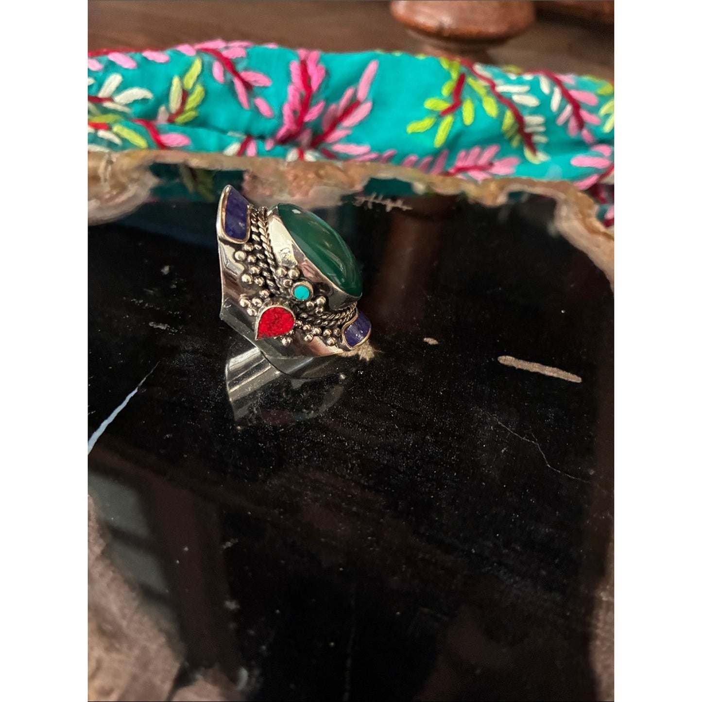 Green Stone Silver-Tone Statement Ring - Green