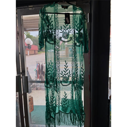 Sheer Embroidered Green Fringe Tunic
