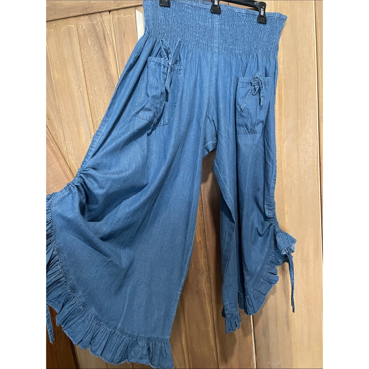 Blue Wide-Leg Ruffle Hem Bottoms