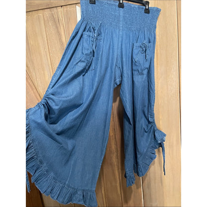 Blue Wide-Leg Ruffle Hem Bottoms