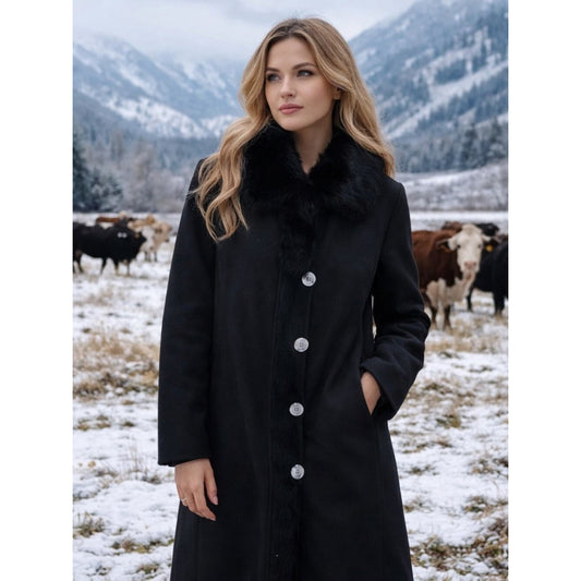 dennis basso Black Long Trench Coat with Faux Fur Trim