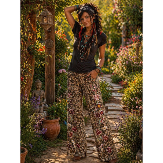 Women’s Leopard Print Boot Cut Jeans with Floral Embroidery - Khaki