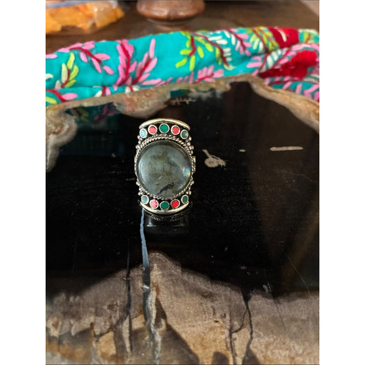 Bohemian Labradorite Statement Ring with Red & Green Accents