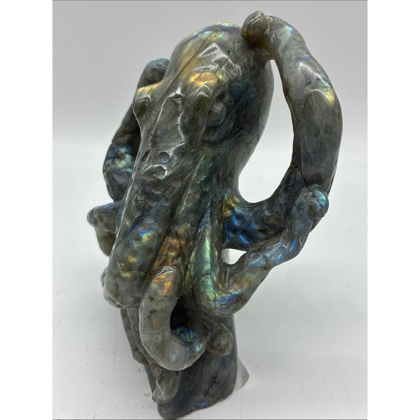 Hand-Carved Labradorite Octopus Sculpture - Iridescent Blue-Green ROCK