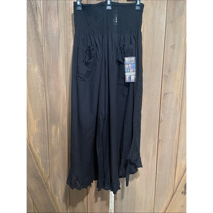 Black Smocked Wide-Leg capris with Ruffle Hem