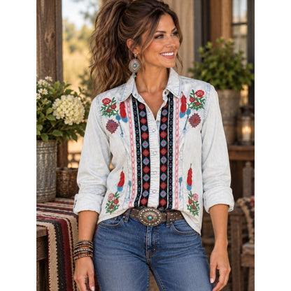 Embroidered Light Blue Button-Down Shirt with Tribal Stripe Detail
