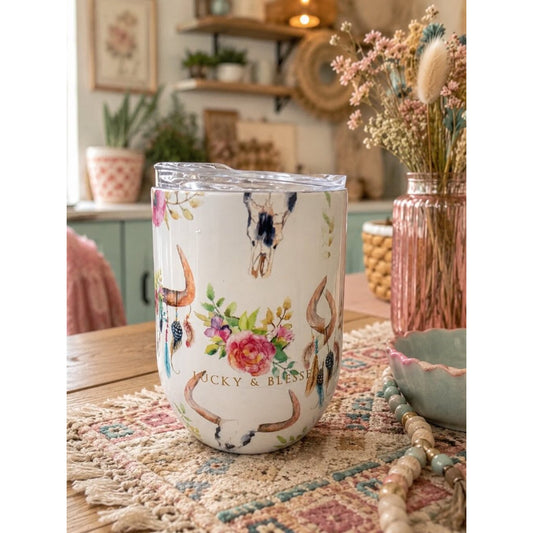 Lucky & Blessed White Floral Bull Stemless Cup