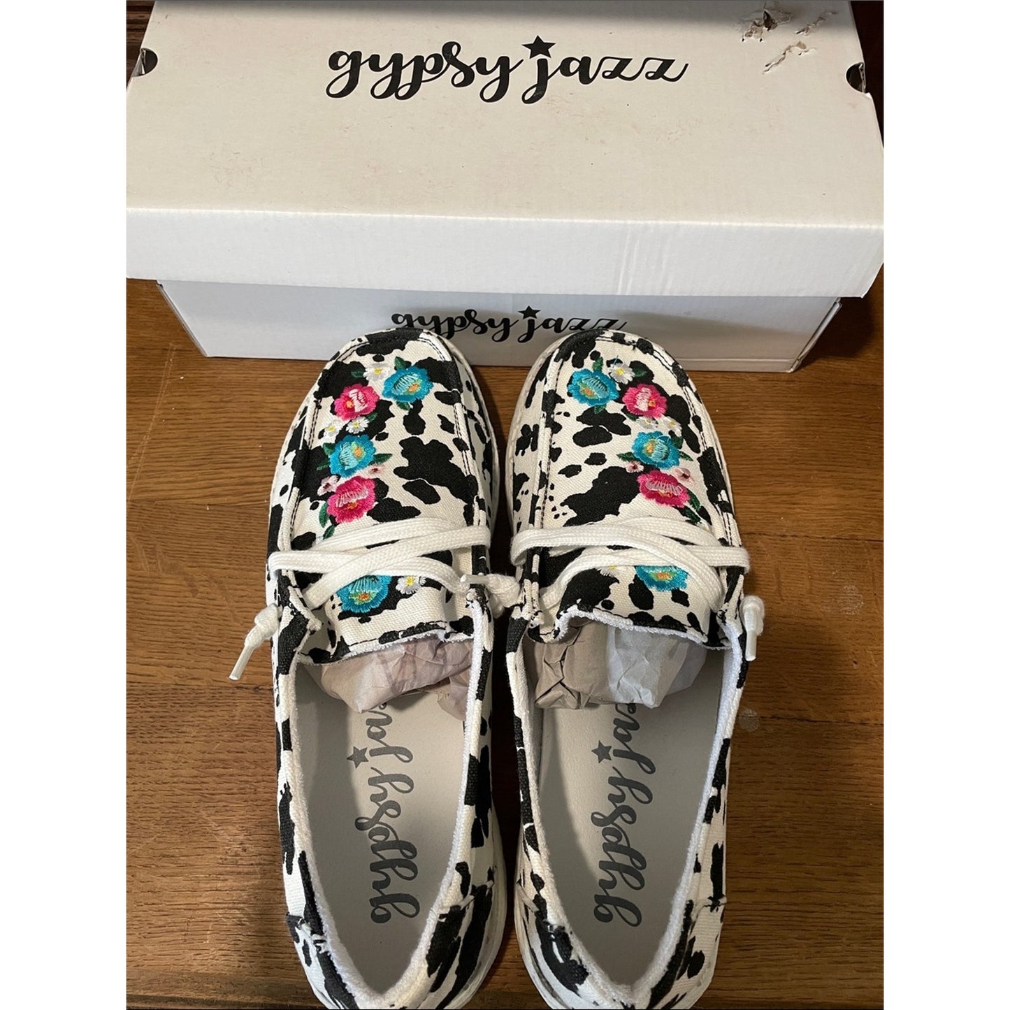 Gypsy Jazz Cow Print Canvas Shoes with Pink & Teal Floral Embroidery