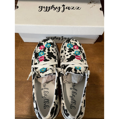 Gypsy Jazz Cow Print Canvas Shoes with Pink & Teal Floral Embroidery