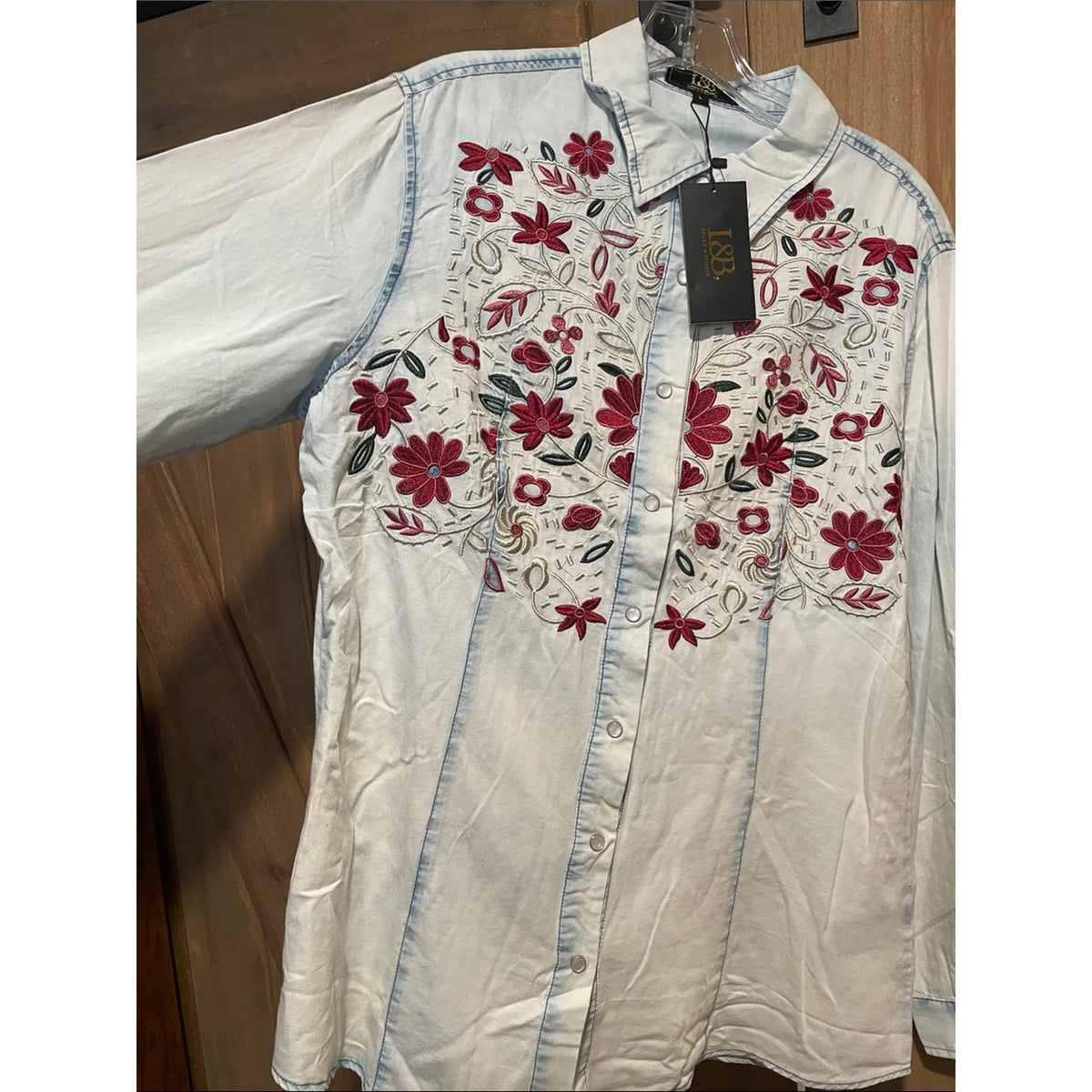 Lucky & Blessed Light Wash Denim Button-Down with Red Floral Embroidery