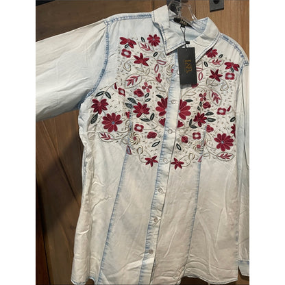 Lucky & Blessed Light Wash Denim Button-Down with Red Floral Embroidery