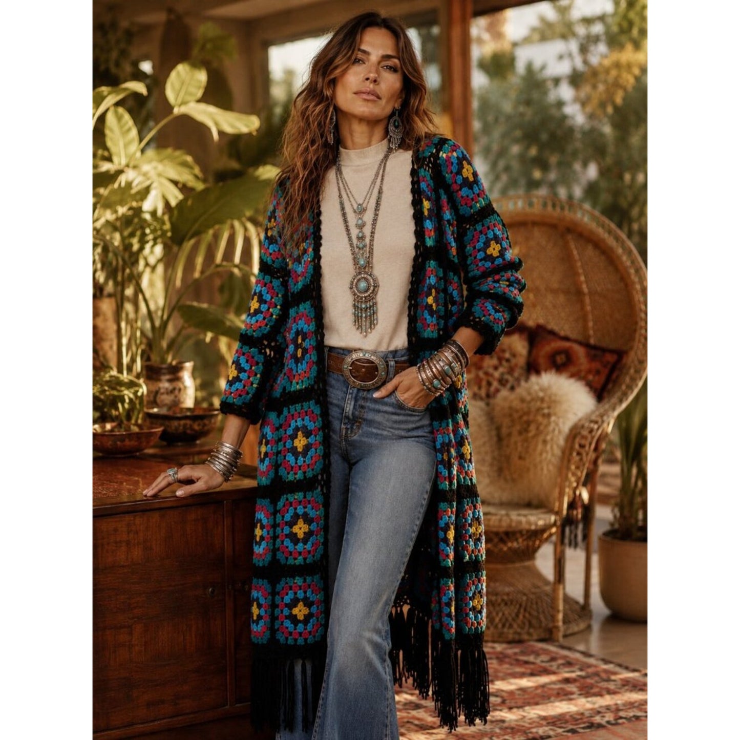 Crochet Fringe Duster - Black with Teal, Pink & Mustard