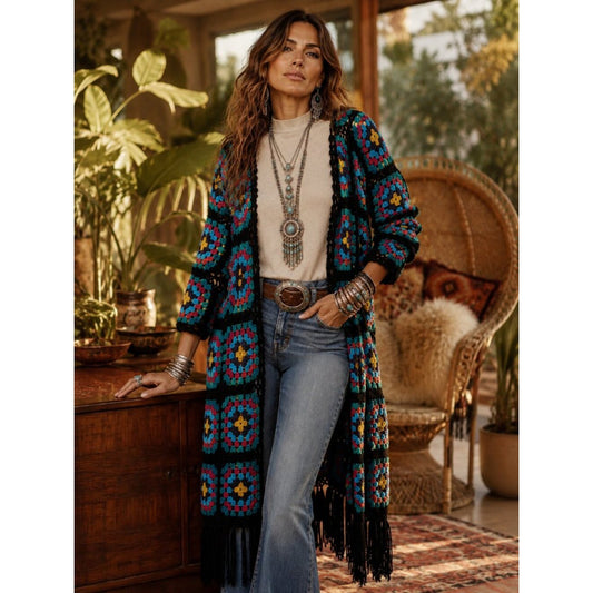 Crochet Fringe Duster - Black with Teal, Pink & Mustard