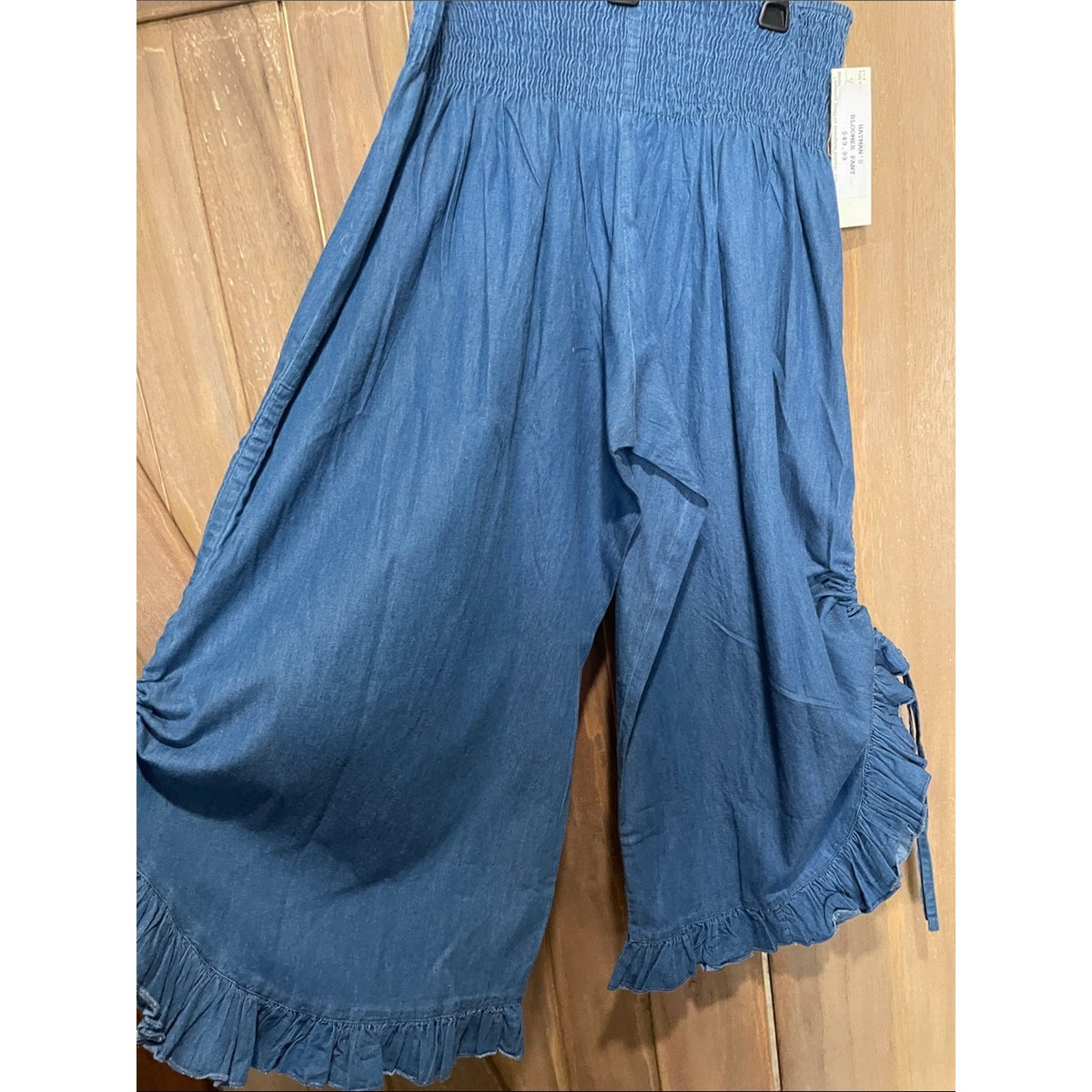 Blue Wide-Leg Ruffle Hem Bottoms