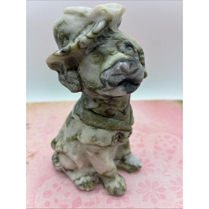 Marbled Green and White Jade Sitting Dog Figurine Rock