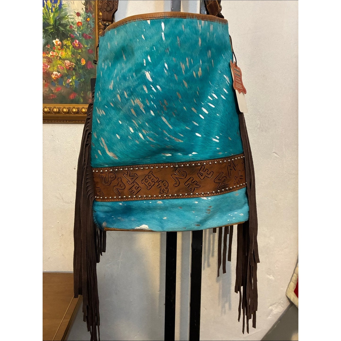 Turquoise Fringe Crossbody Bag with Brown Leather Trim