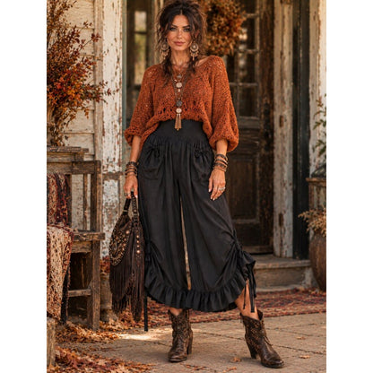 Black Smocked Wide-Leg capris with Ruffle Hem
