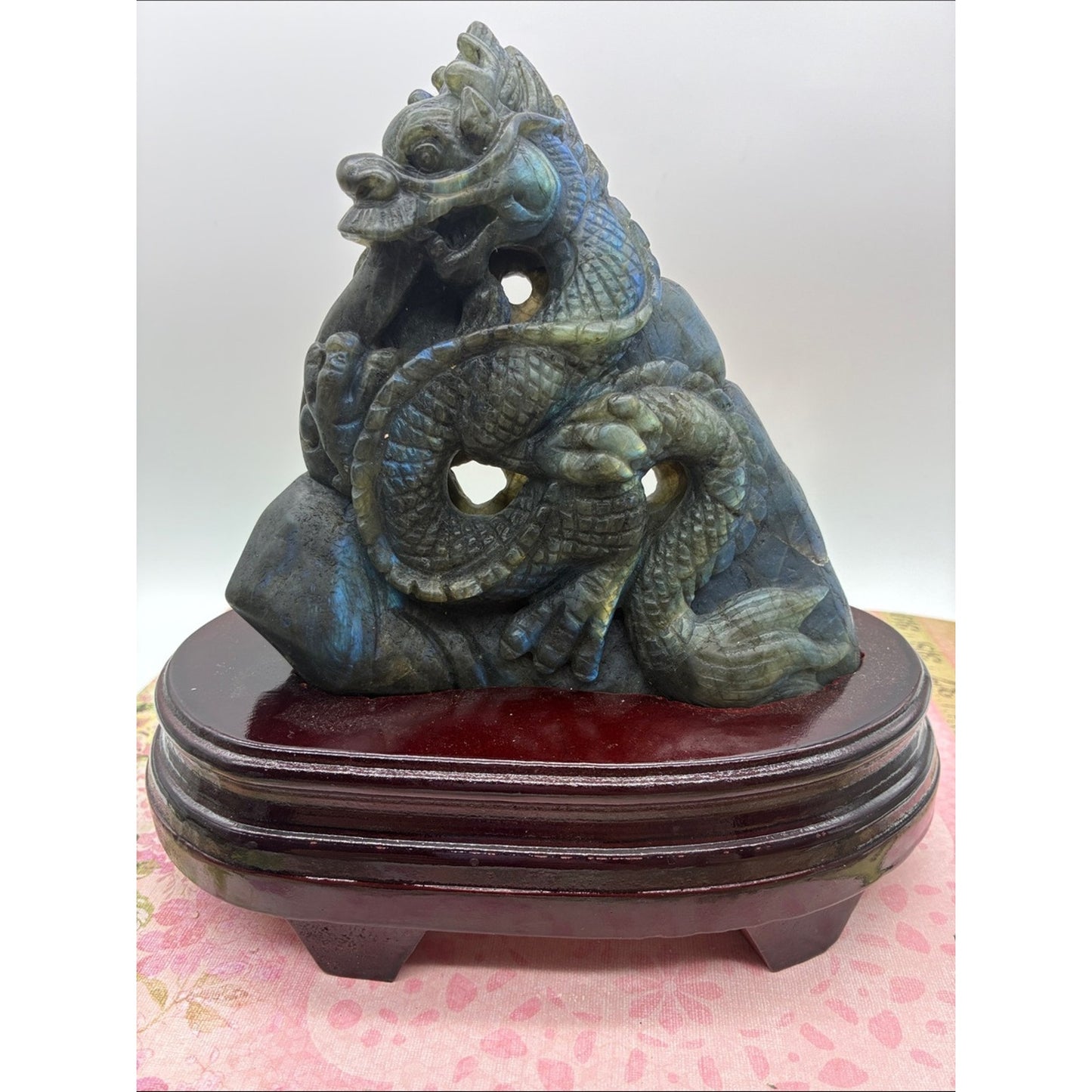 Labradorite Dragon Sculpture - Iridescent Blue-Green Stone Rock