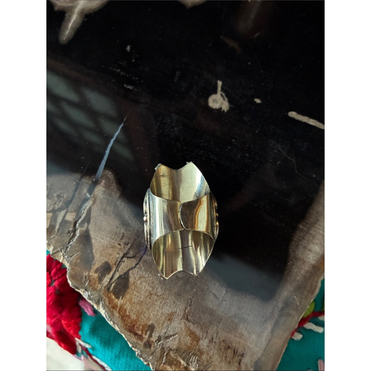 Women's Tiger's Eye Statement Ring - Silver-Tone with Red & Green Accents