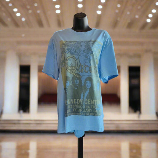 Vintage Queen Kennedy Centre Concert T-Shirt 1975 Light Blue Art Nouveau