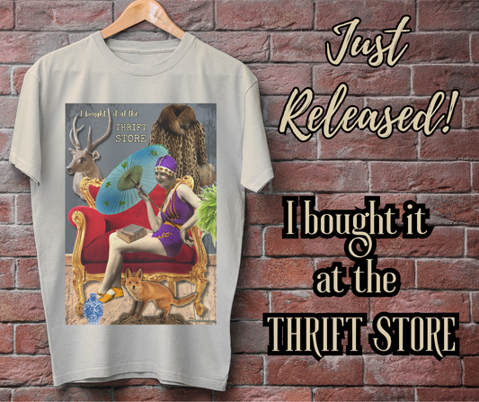"I Bought It at the Thrift Store" Vintage Collage T-Shirt - Quirky Art Design Tee