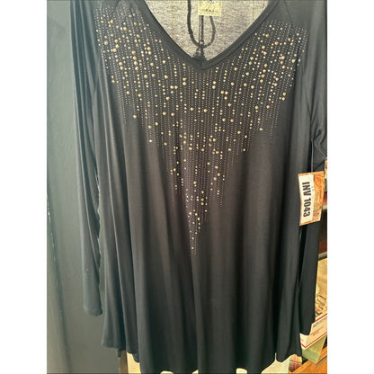 Vocal Black Long-Sleeve V-Neck Top with Gold Stud Accents