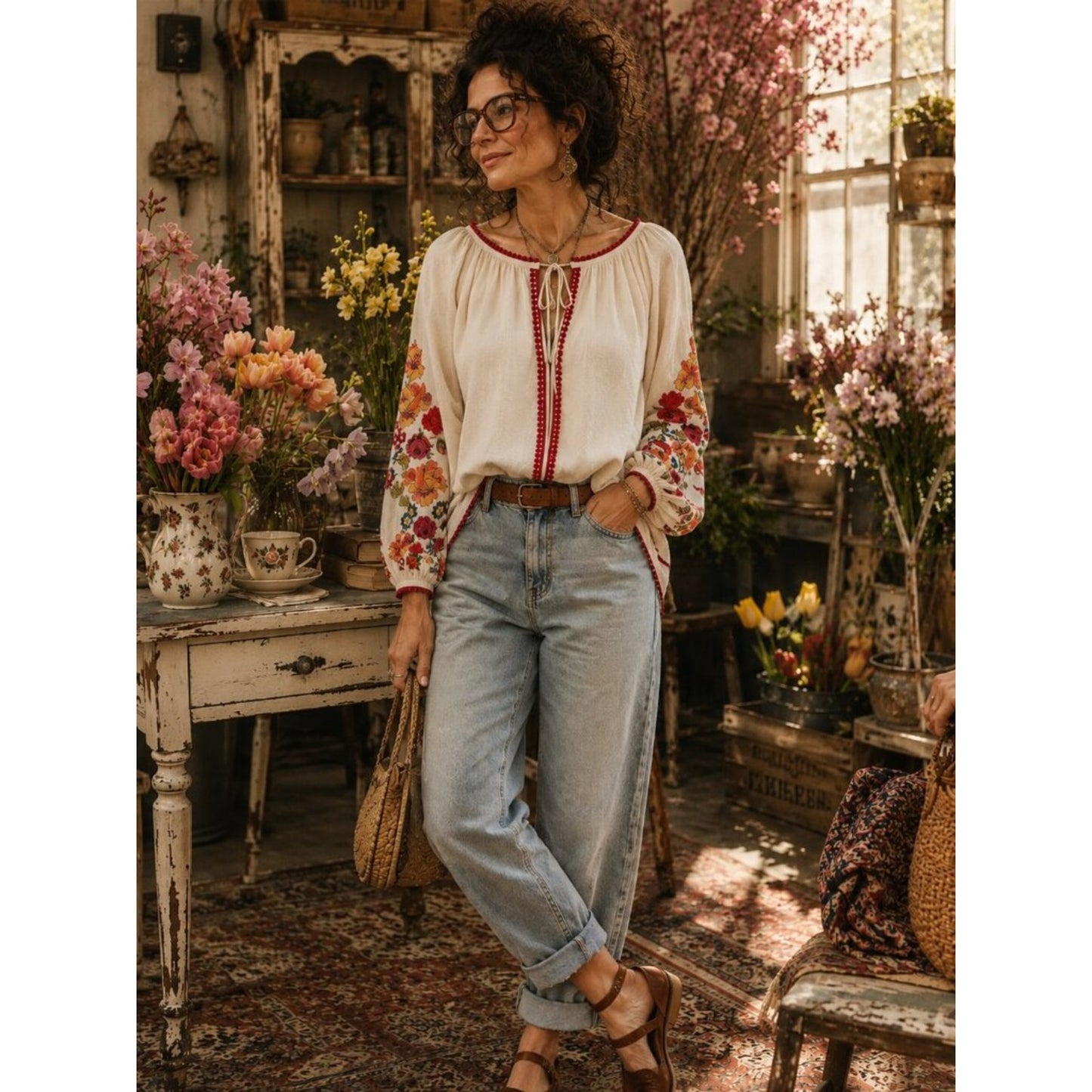 Sundance Ivory Tunic with Pink Trim and Multicolor Floral Embroidery