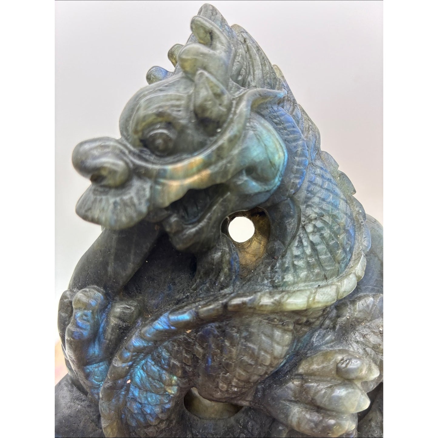 Labradorite Dragon Sculpture - Iridescent Blue-Green Stone Rock