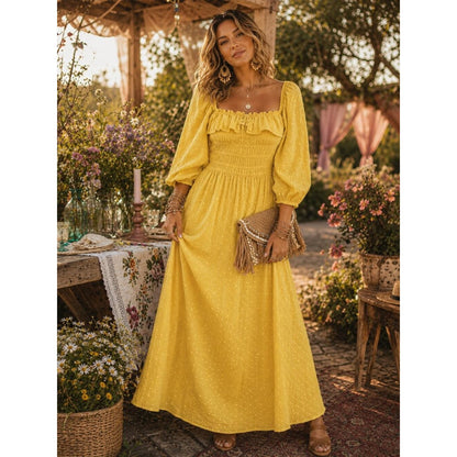 Yellow Smocked Puff Sleeve Maxi Dress