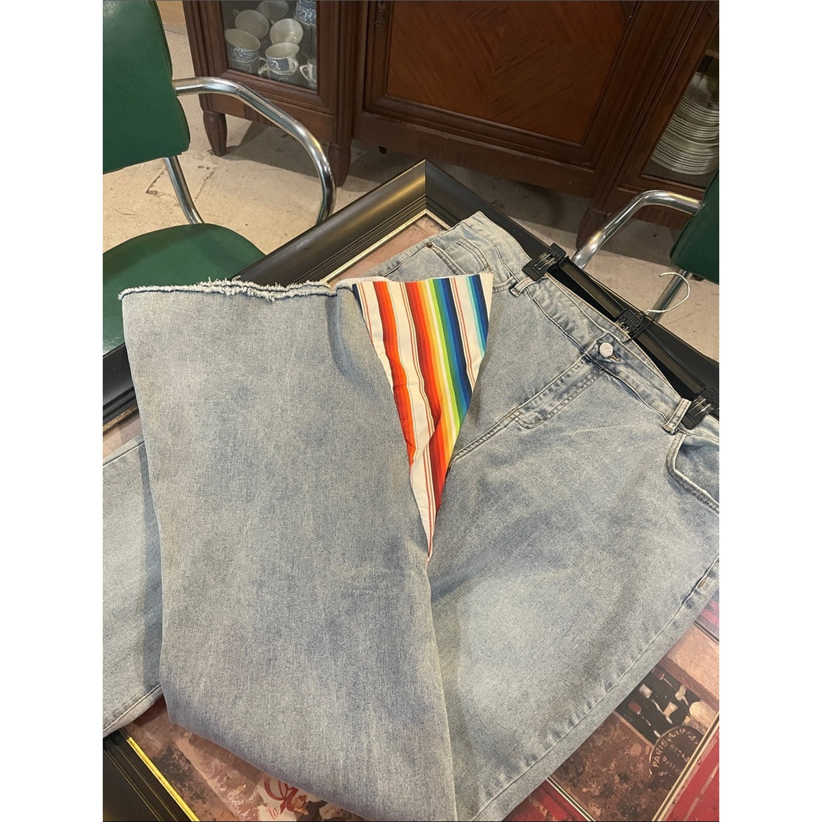 Women’s Light Blue Flared Jeans with Rainbow Hem Insets