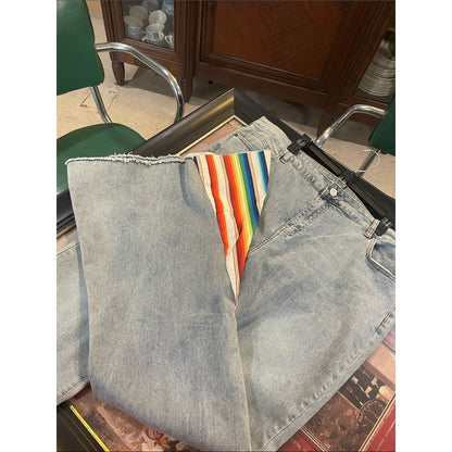 Women’s Light Blue Flared Jeans with Rainbow Hem Insets