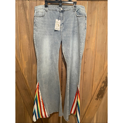 Women’s Light Blue Flared Jeans with Rainbow Hem Insets