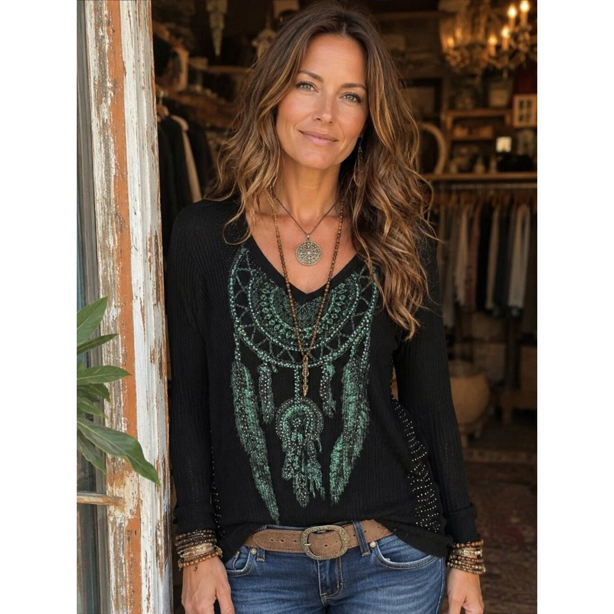 Vocal Black Knit Top with Teal Dreamcatcher Graphic