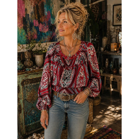 Daisy Fuentes Red Paisley Peasant Blouse