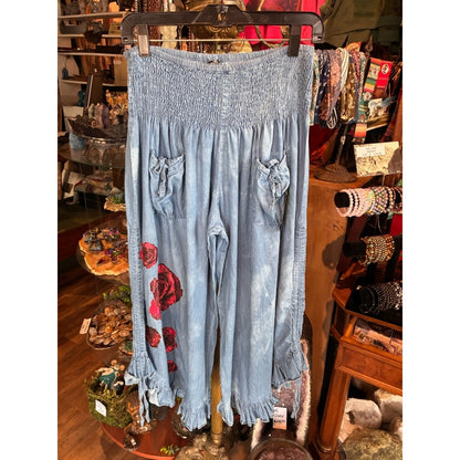 Light Blue Floral-Accent Wide Leg Smocked Waist Pants