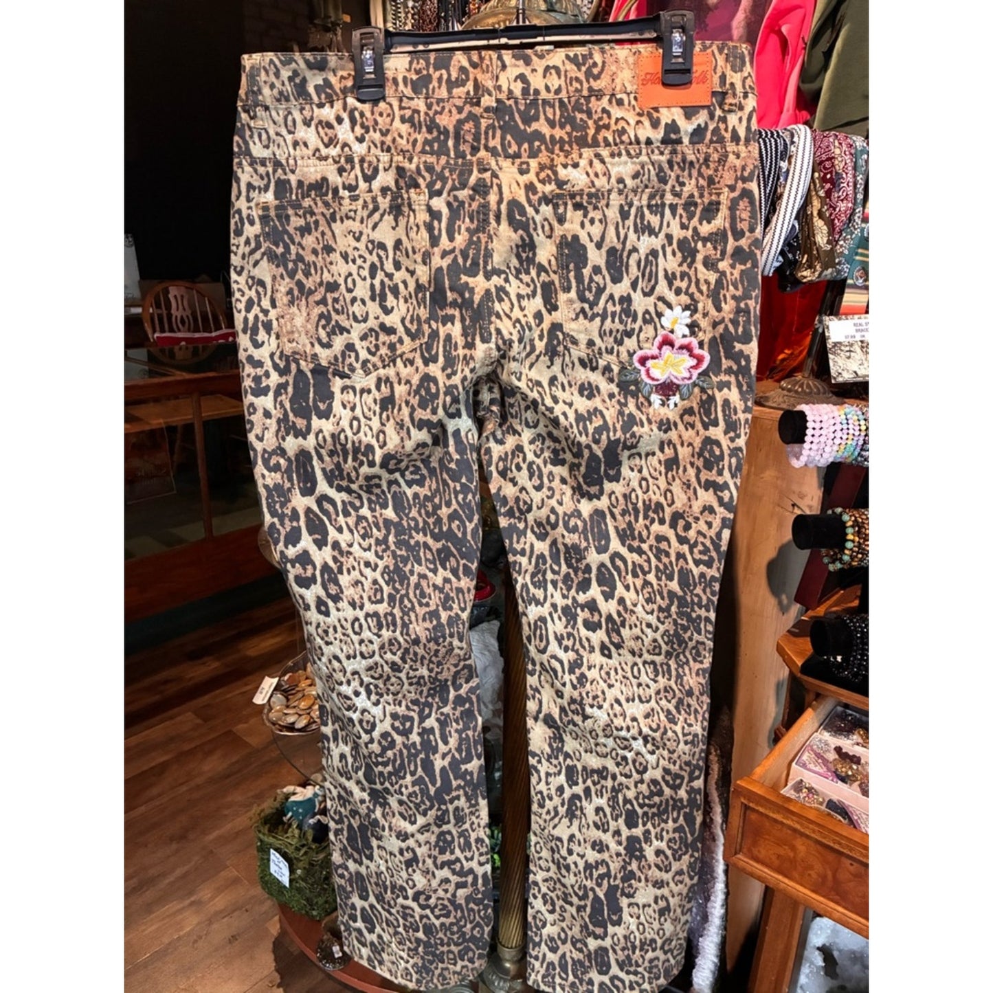 Women’s Leopard Print Boot Cut Jeans with Floral Embroidery - Khaki