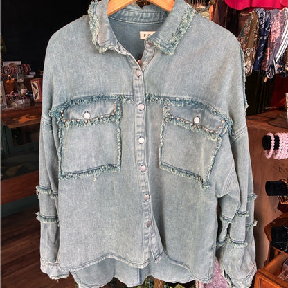 POL Distressed Light Blue Denim Jacket with Frayed Trim