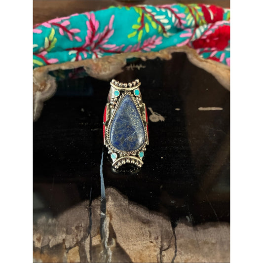 Silver-Tone Blue Teardrop Stone Statement Ring - Women Jewelry