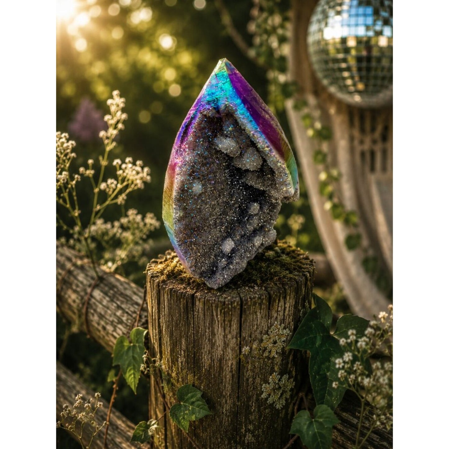 Iridescent Titanium Aura Quartz Geode - Purple & Green Sheen Rock