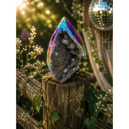 Iridescent Titanium Aura Quartz Geode - Purple & Green Sheen Rock