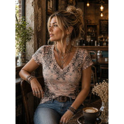 Women's Pink Printed V-Neck Top with Black Paisley Detail