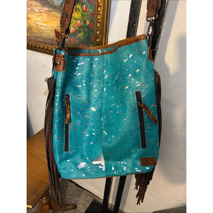 Turquoise Fringe Crossbody Bag with Brown Leather Trim