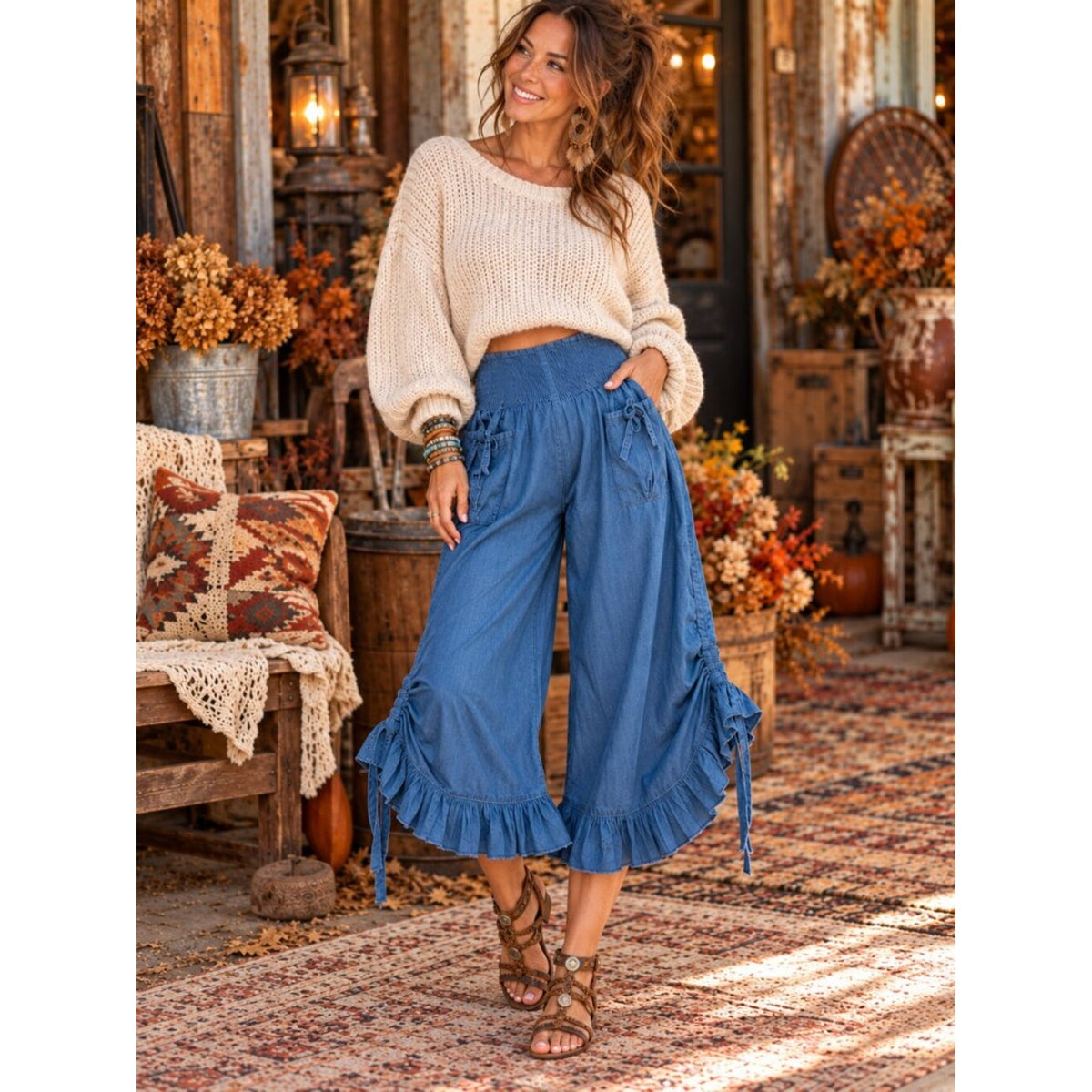 Blue Wide-Leg Ruffle Hem Bottoms