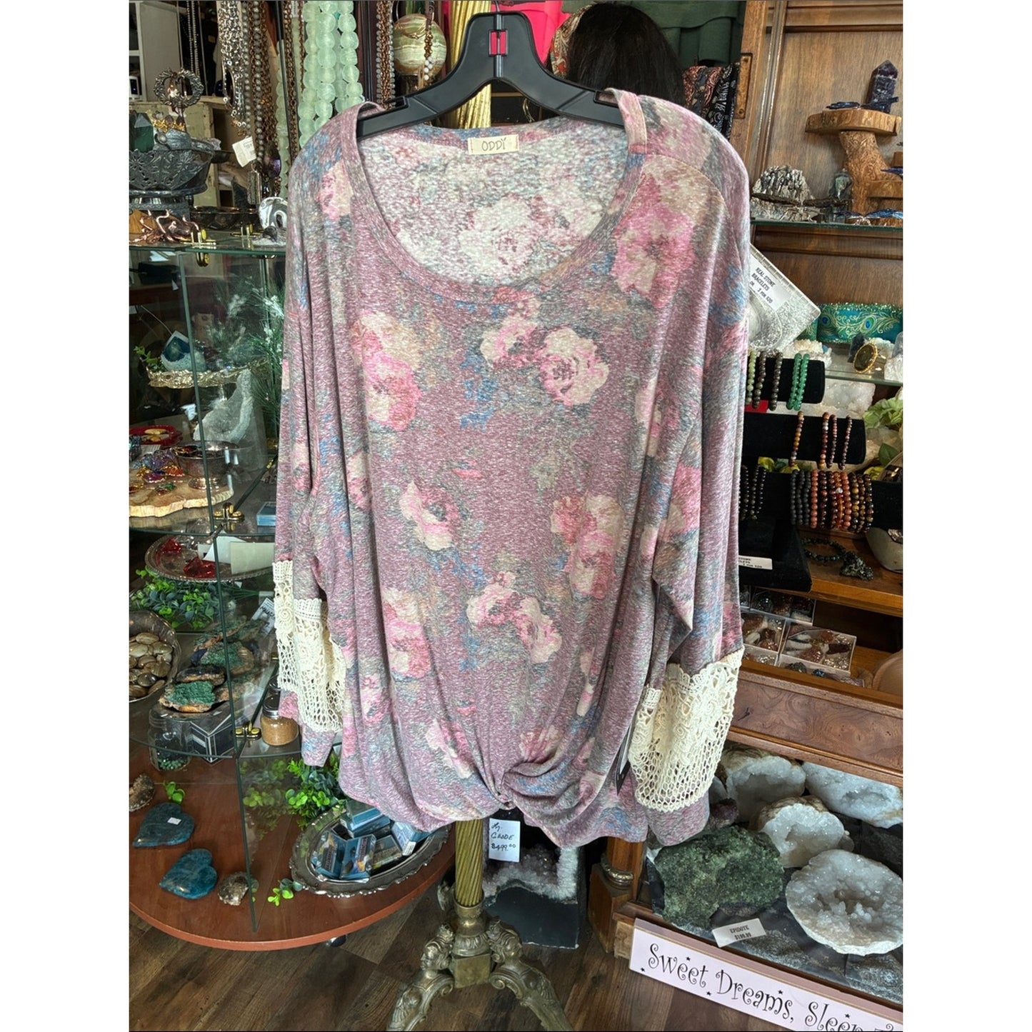 Pink Floral Crochet-Sleeve Women's Top